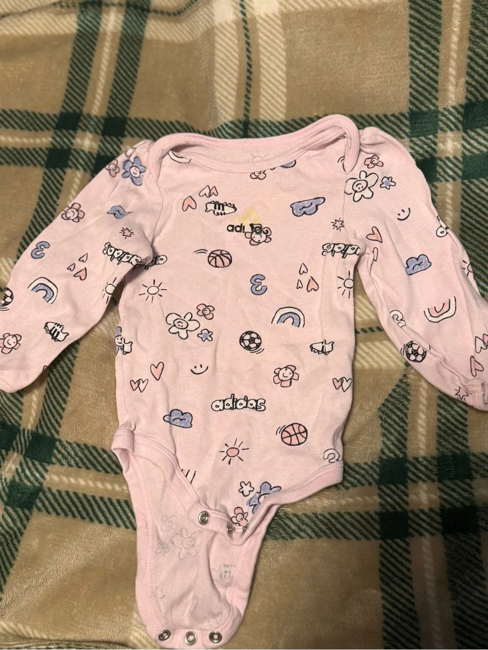 adidas Light Pink Long-Sleeve Baby Bodysuit with Playful Prints
